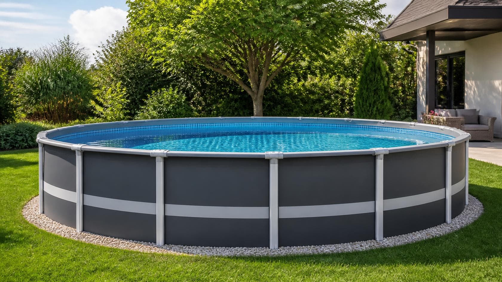 Backyard above-ground steel-frame pool, illustrating the Bestway pool class action settlement