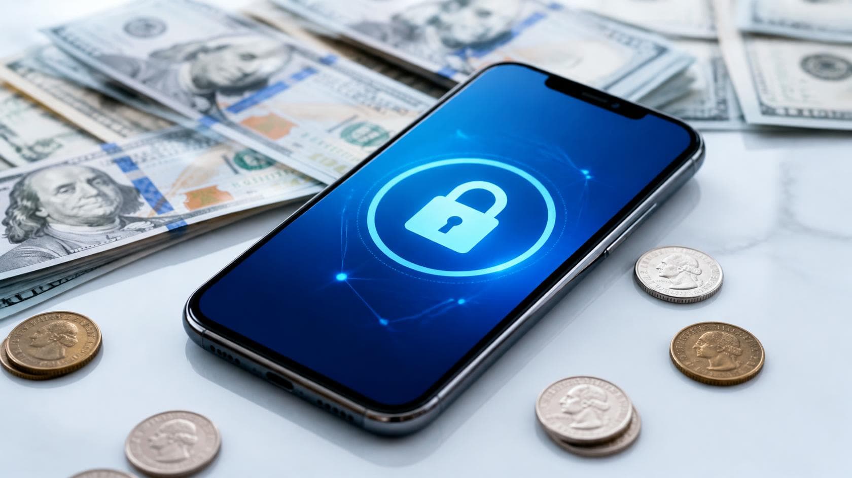 Smartphone showing security lock icon surrounded by US dollar bills and coins